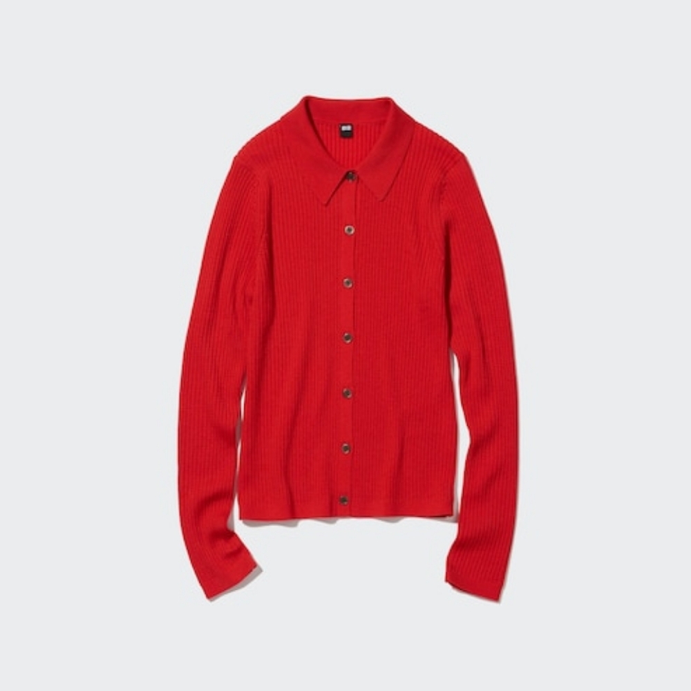 Uniqlo Red Ribbed Button-Up Cardigan
